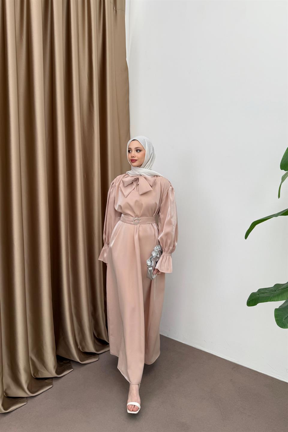 Kuşaklı Saten Elbise - Somon