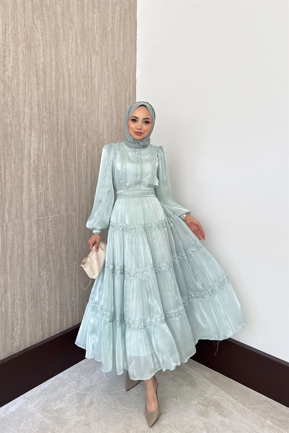 Lavinya Taşlı İthal Elbise - Mint