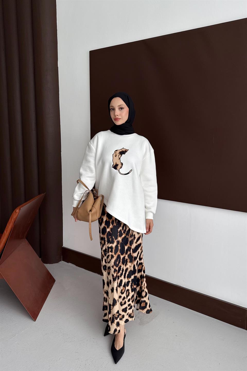 Leopar Desenli Etekli Takım - Beyaz