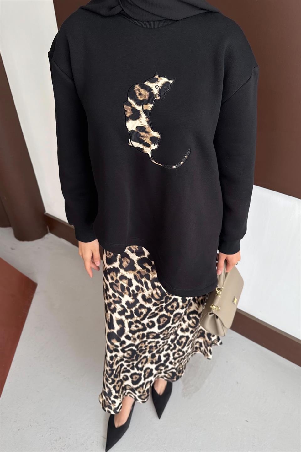 Leopar Desenli Etekli Takım - Siyah