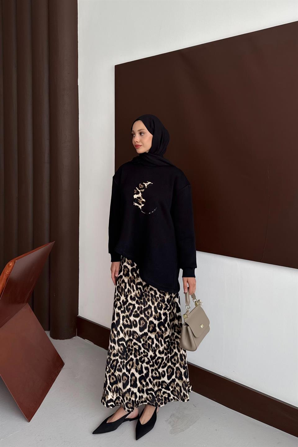 Leopar Desenli Etekli Takım - Siyah