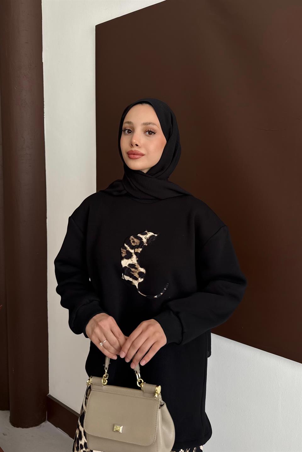 Leopar Desenli Etekli Takım - Siyah