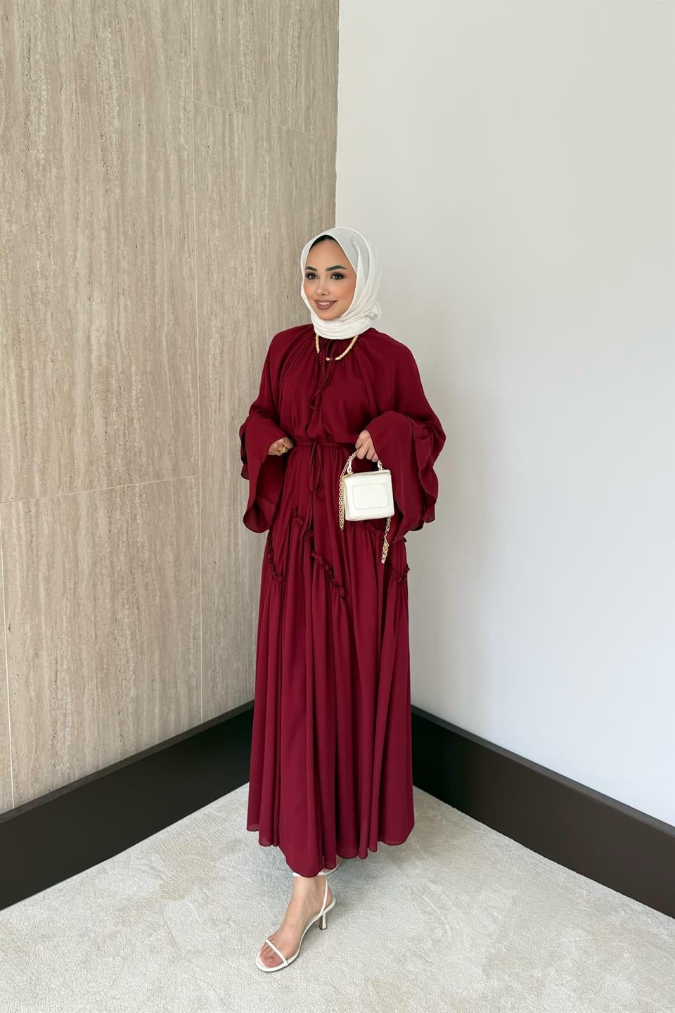 Lina Fırfır Kol Elbise - Bordo
