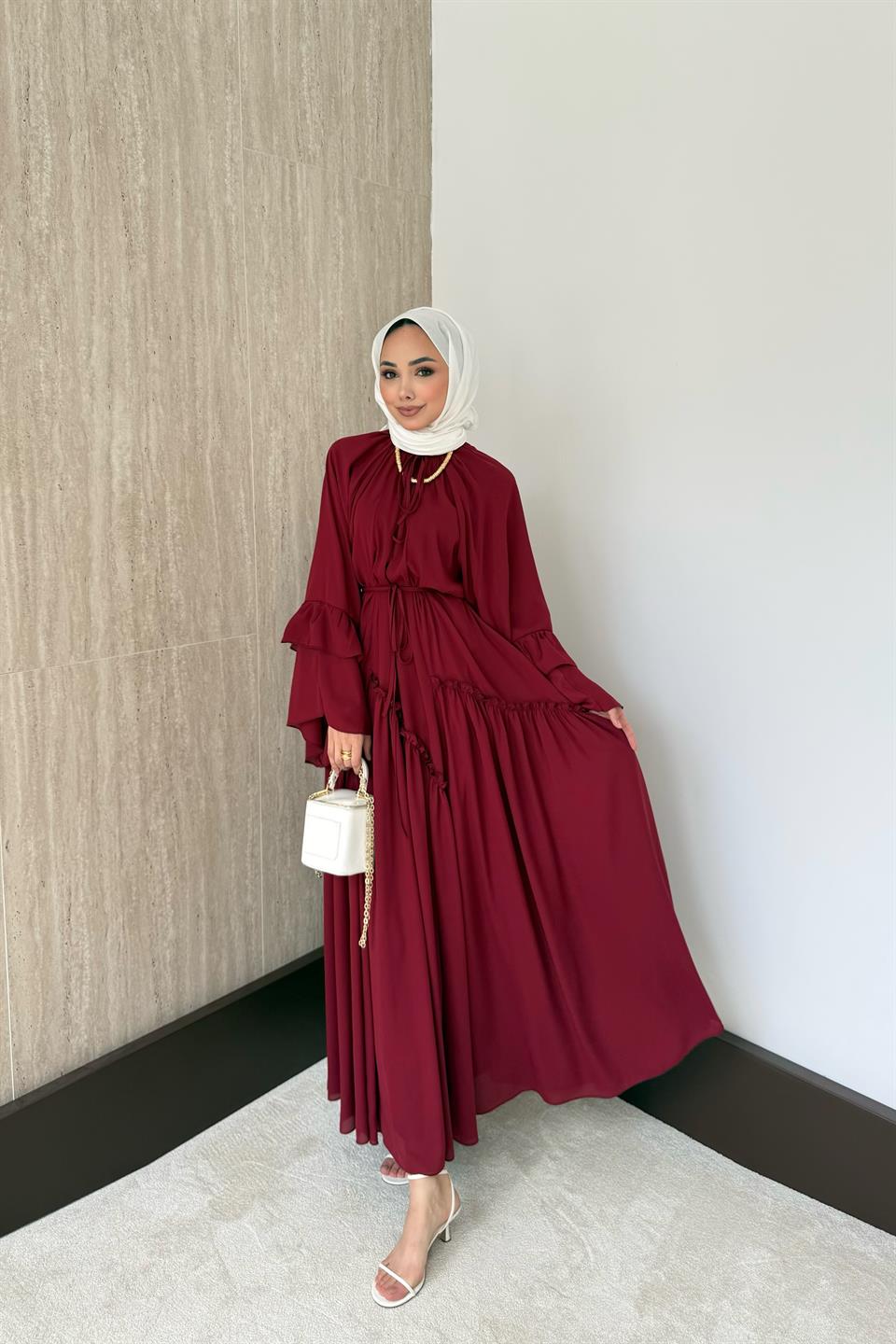 Lina Fırfır Kol Elbise - Bordo