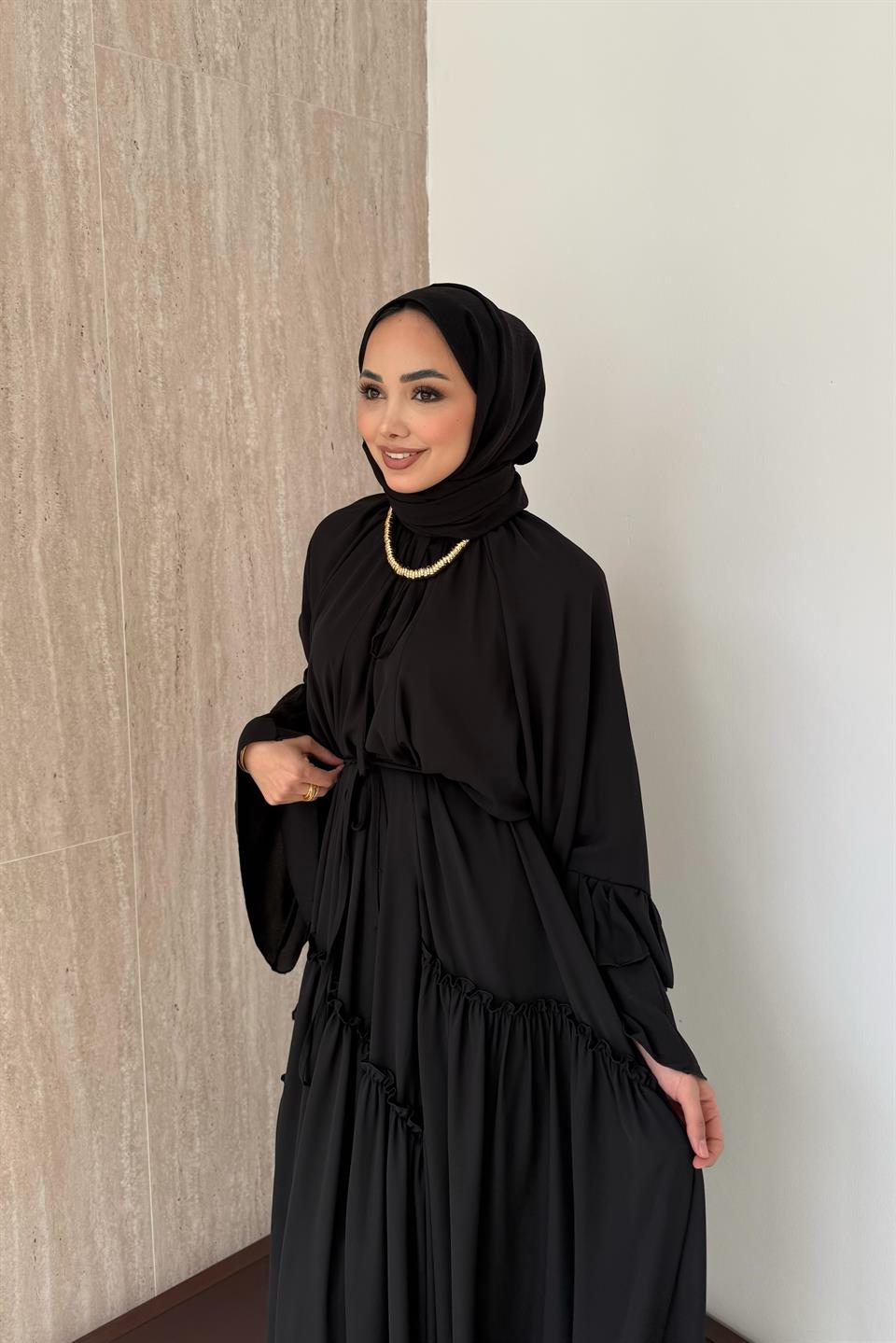 Lina Fırfır Kol Elbise - Siyah