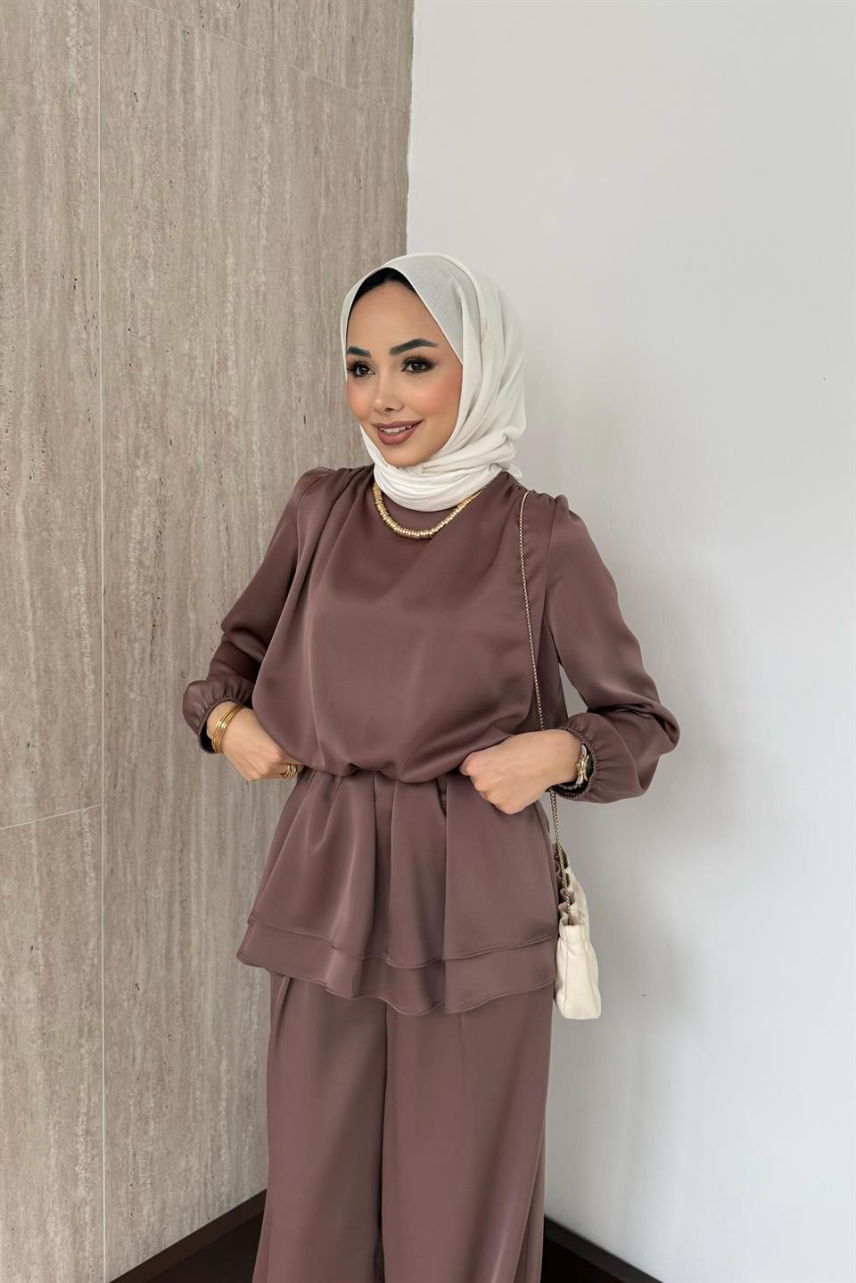 Liya Saten Pantolonlu Takım - Kahve