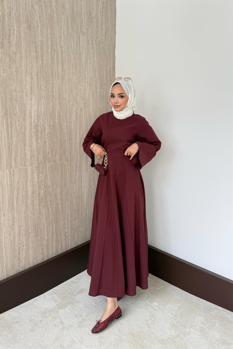 Luna Poplin Etekli Takım - Bordo