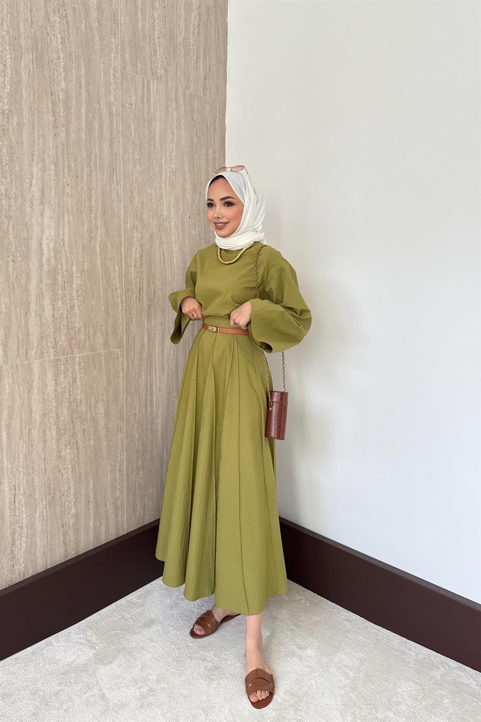 Luna Poplin Etekli Takım - Yağ Yeşili