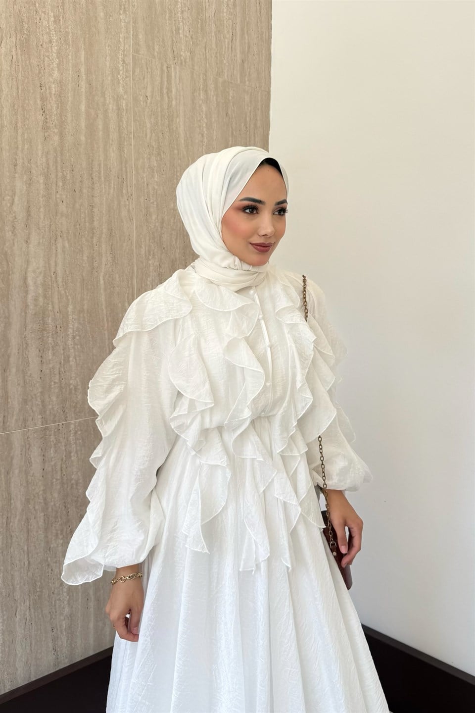 Mary Fırfırlı Vual Elbise - Beyaz