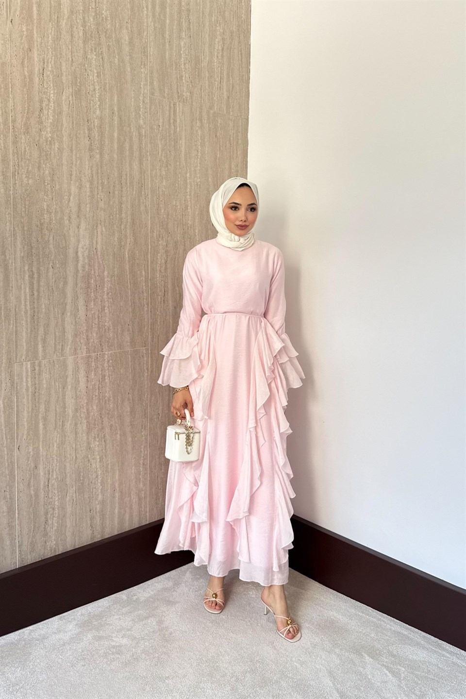 Merlio Fırfırlı Vual Elbise - Pembe