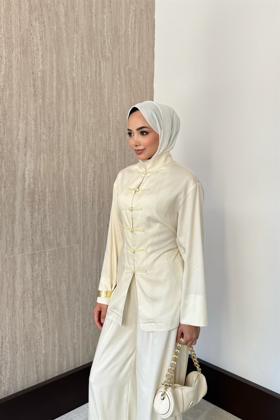 Meysa Birit Düğmeli Pantolonlu Takım - Krem