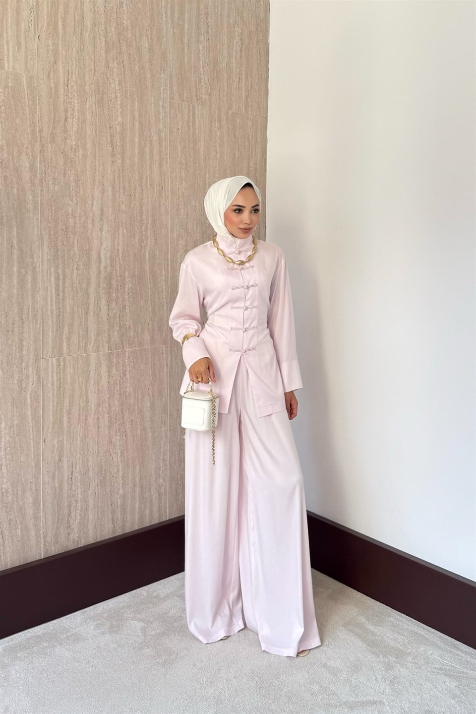 Meysa Birit Düğmeli Pantolonlu Takım - Pembe