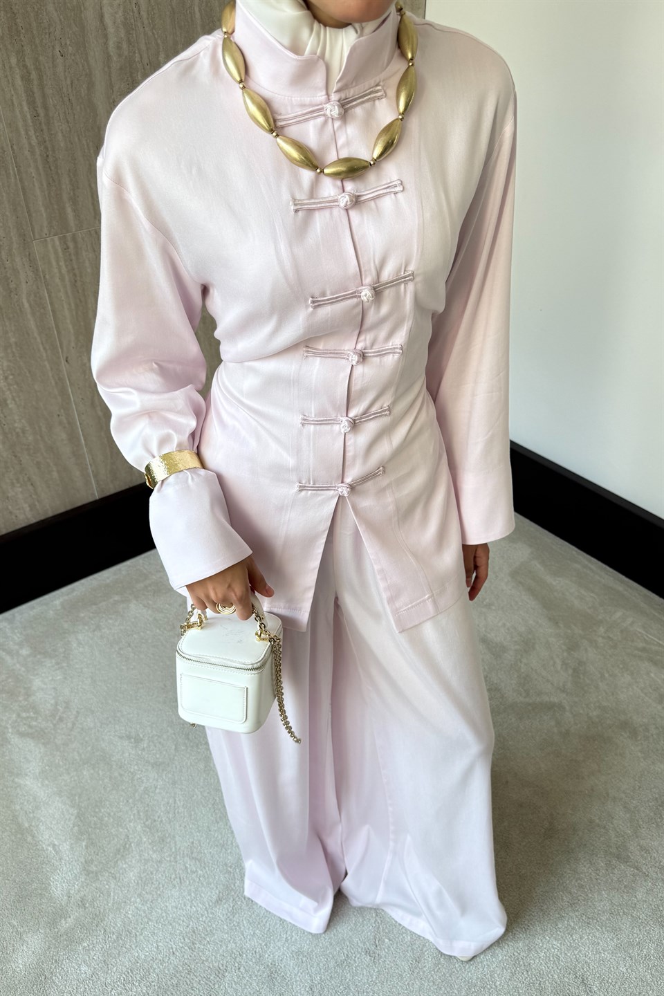 Meysa Birit Düğmeli Pantolonlu Takım - Pembe