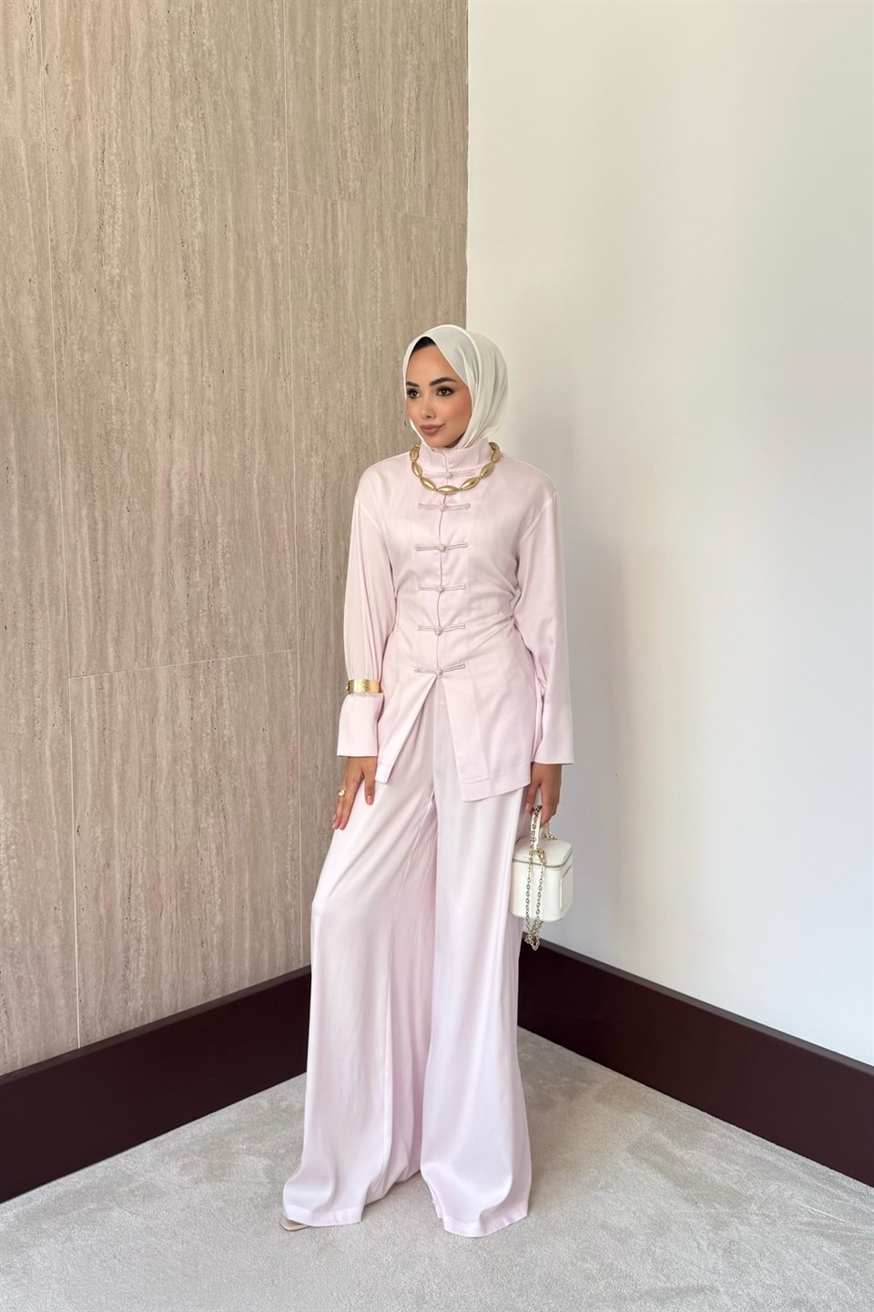 Meysa Birit Düğmeli Pantolonlu Takım - Pembe