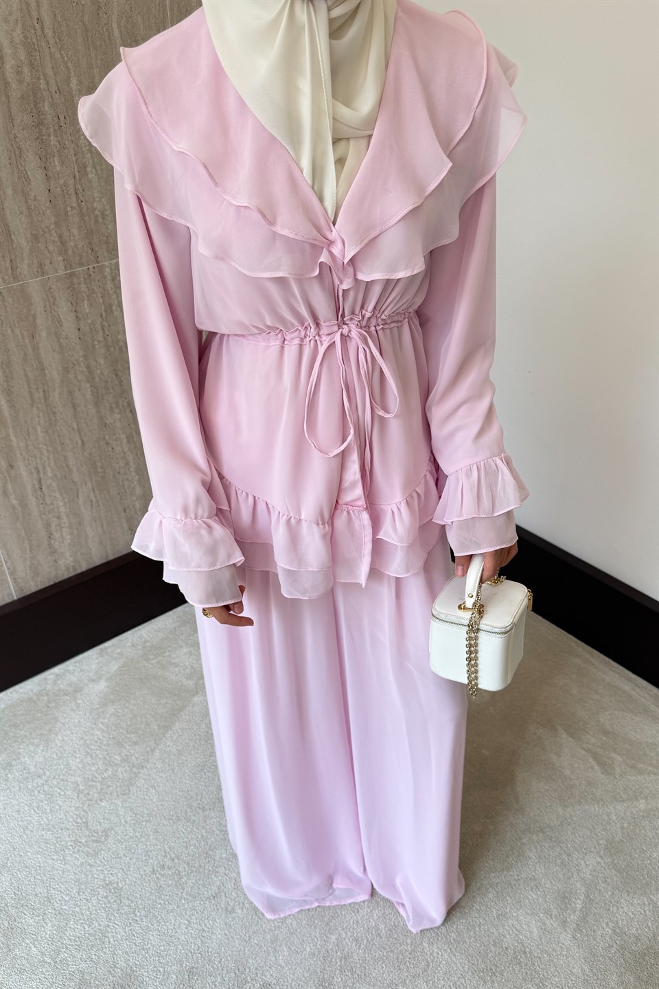 Mila Fırfırlı Şifon Takım - Pembe