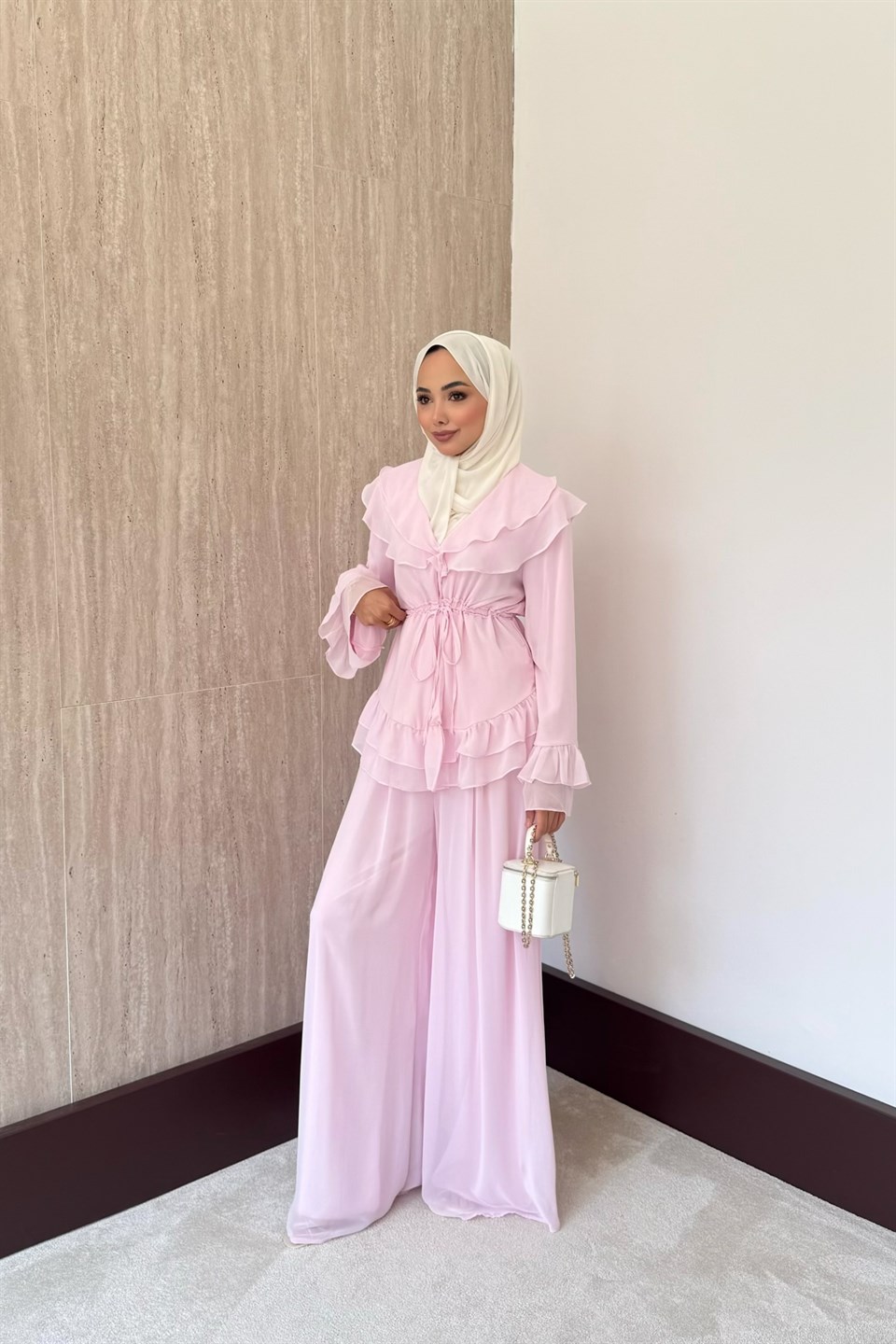 Mila Fırfırlı Şifon Takım - Pembe