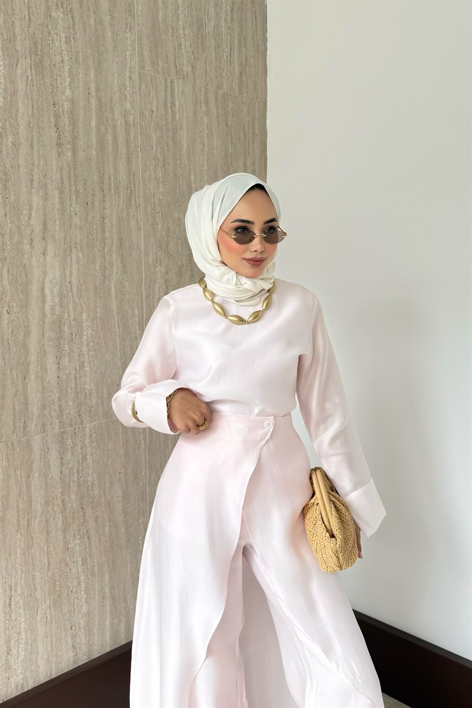 Moren Pelerinli Pantolonlu Takım - Pembe