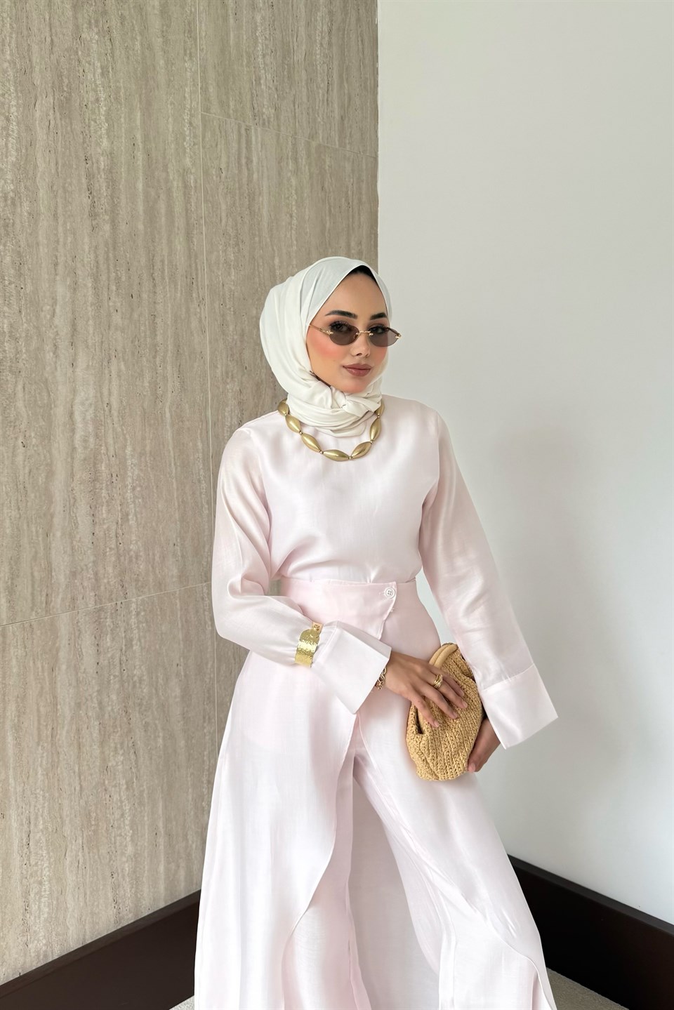 Moren Pelerinli Pantolonlu Takım - Pembe