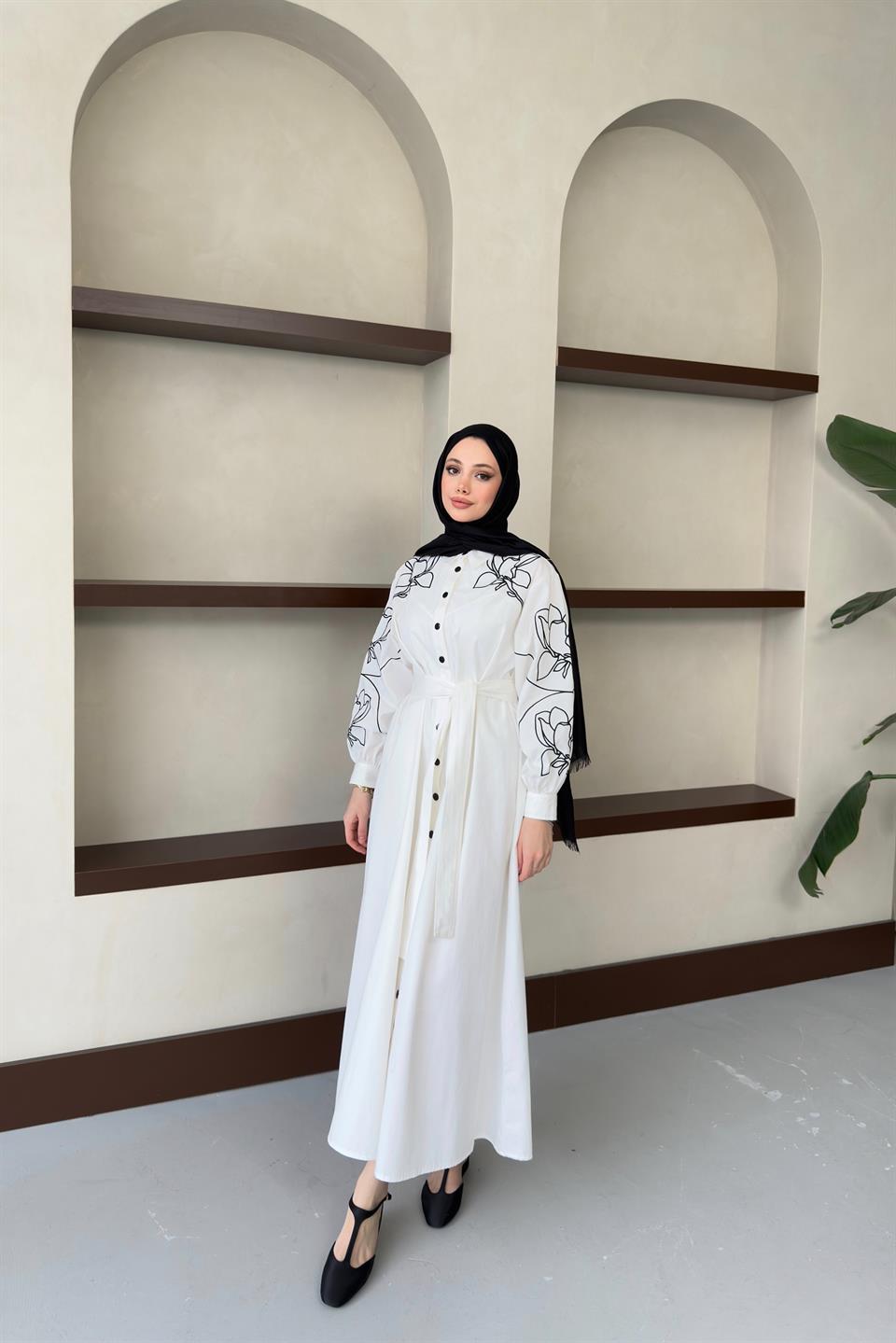Nakış İşlemeli Gabardin Elbise - Ekru