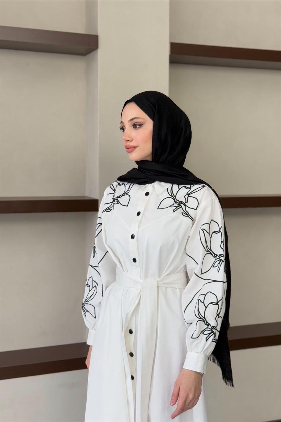 Nakış İşlemeli Gabardin Elbise - Ekru