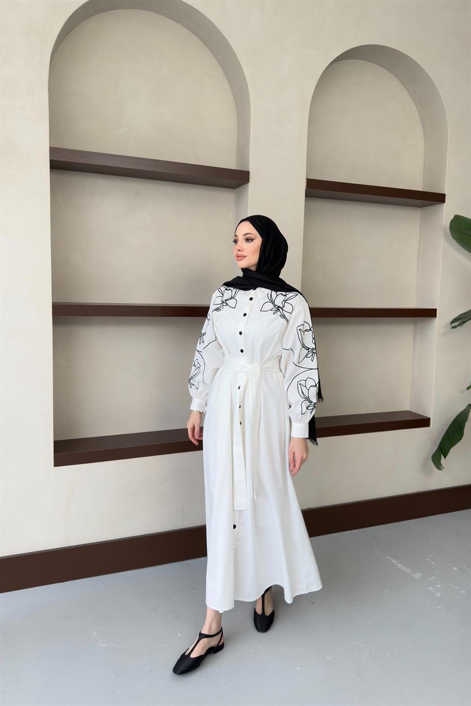 Nakış İşlemeli Gabardin Elbise - Ekru