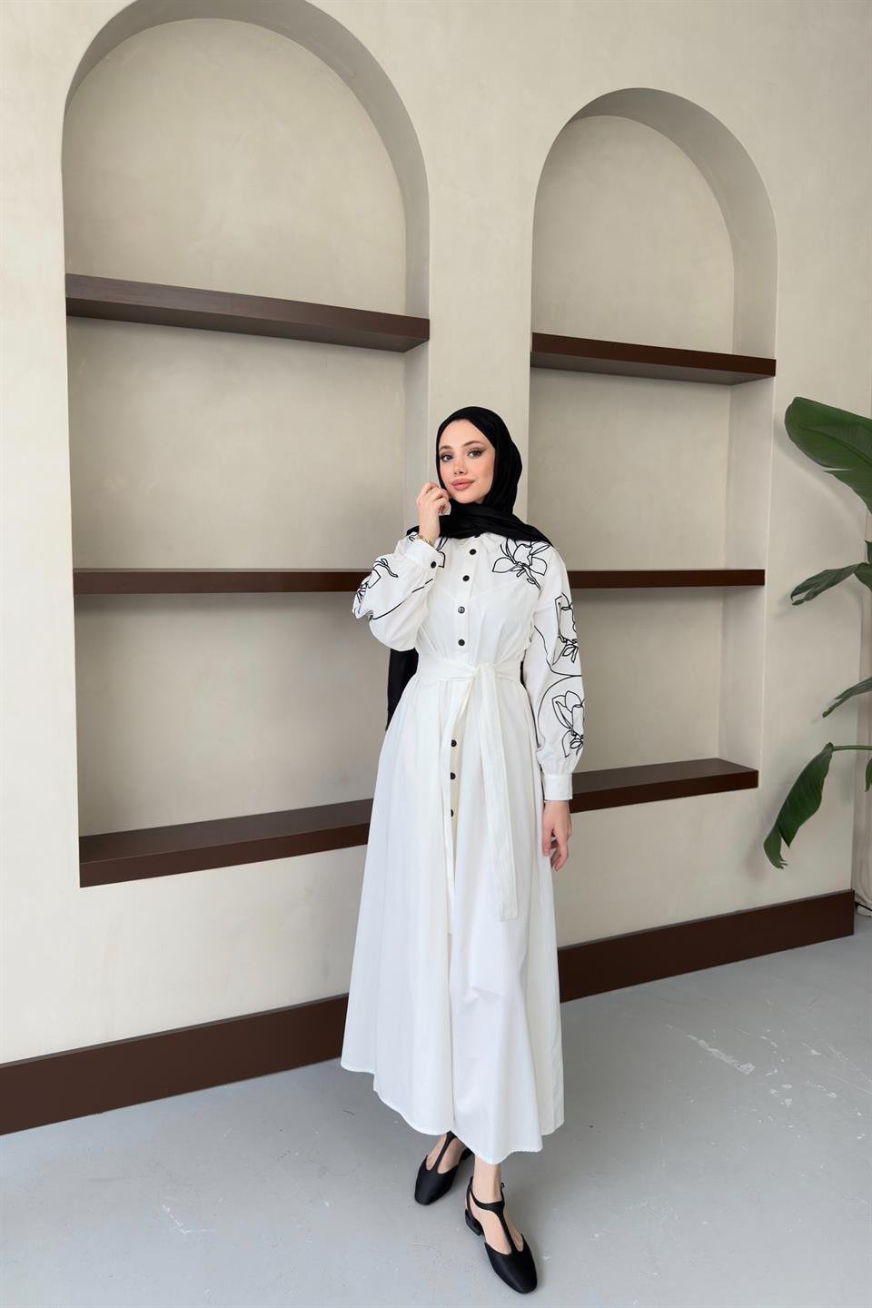 Nakış İşlemeli Gabardin Elbise - Ekru