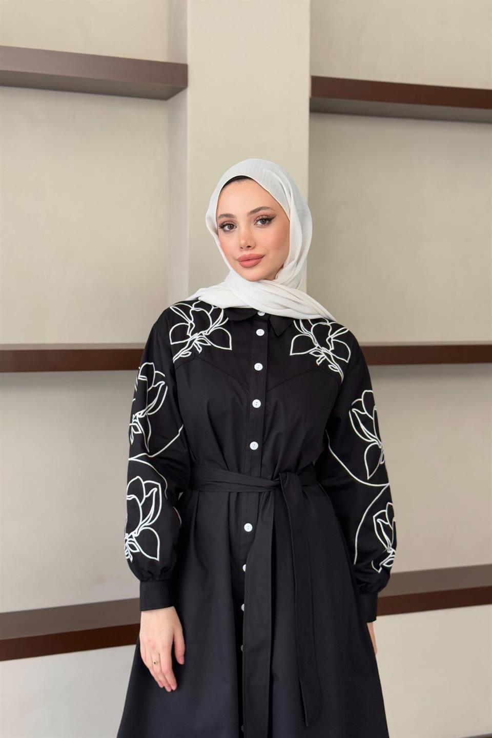 Nakış İşlemeli Gabardin Elbise - Siyah