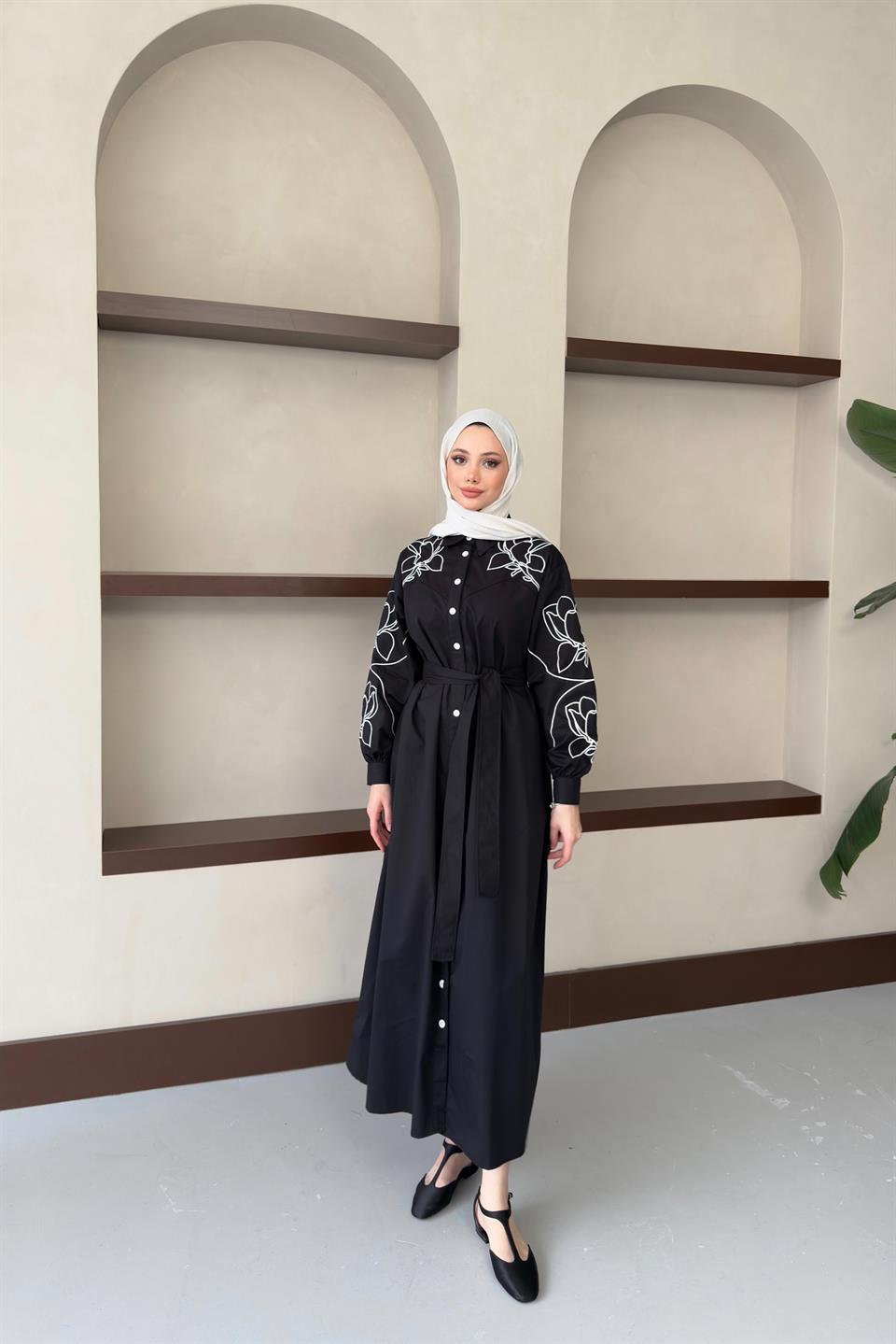 Nakış İşlemeli Gabardin Elbise - Siyah