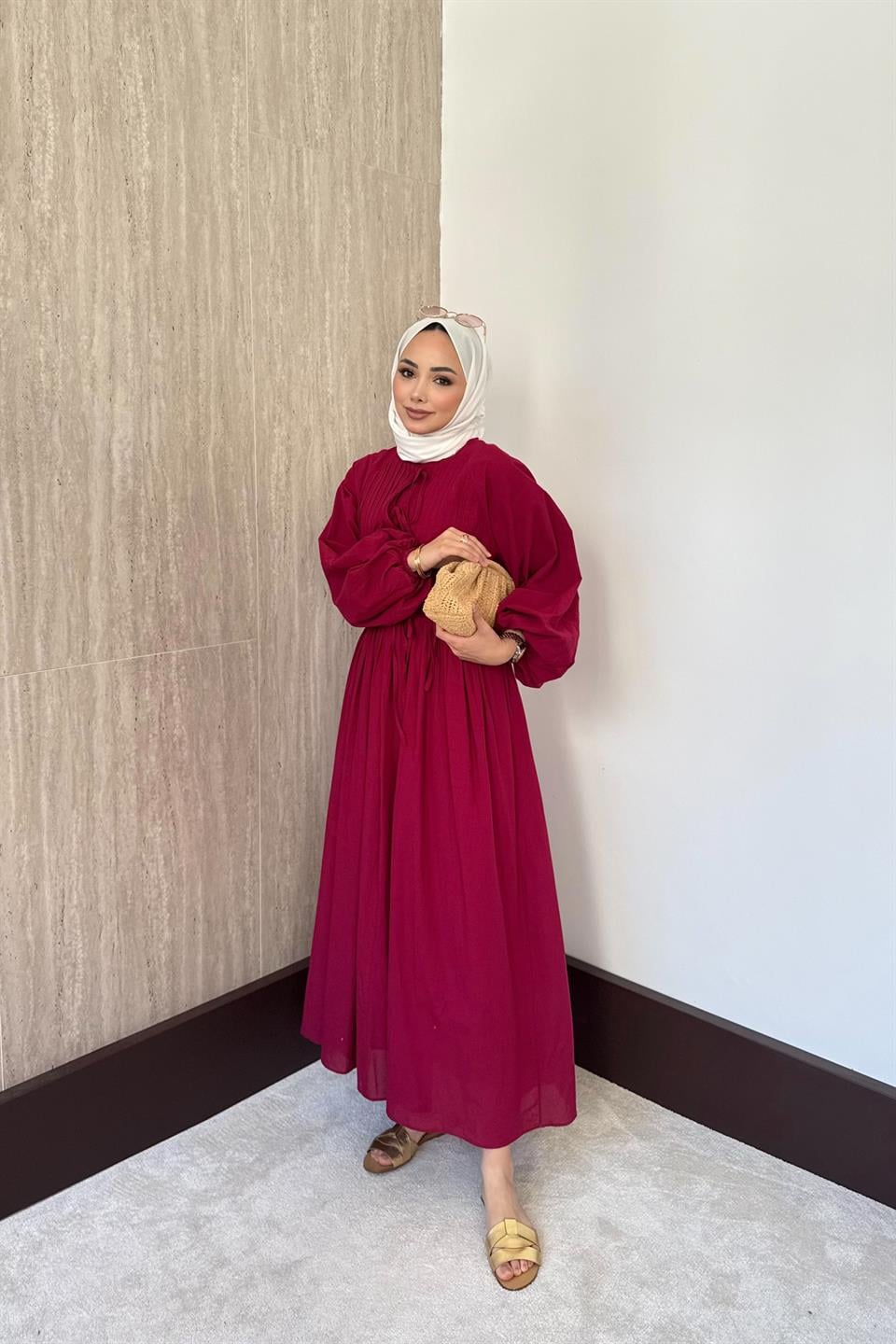 Nervür Bağlamalı Keten Elbise - Bordo