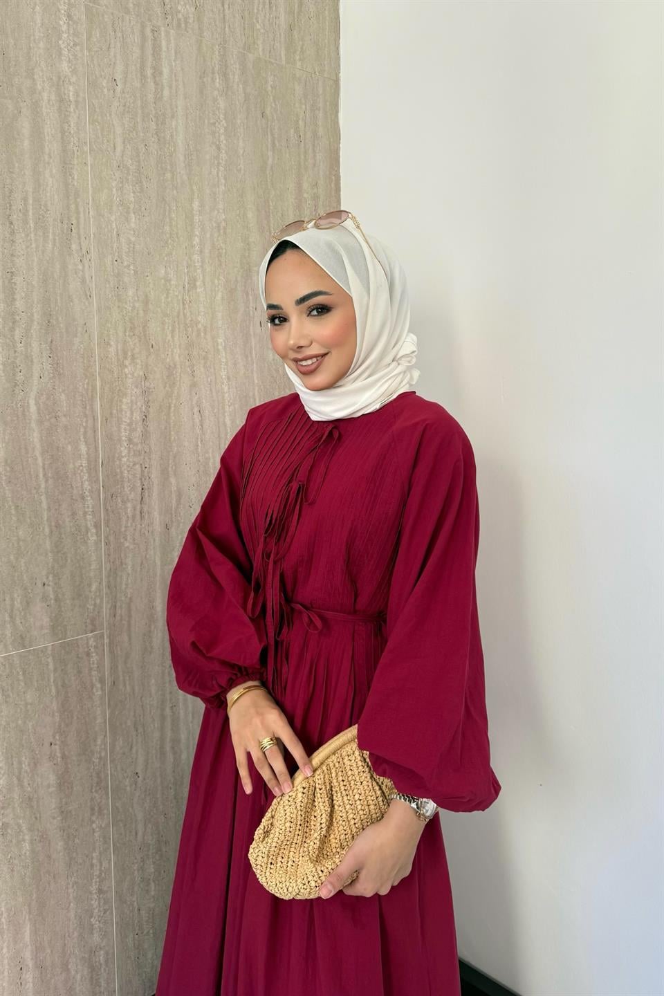 Nervür Bağlamalı Keten Elbise - Bordo