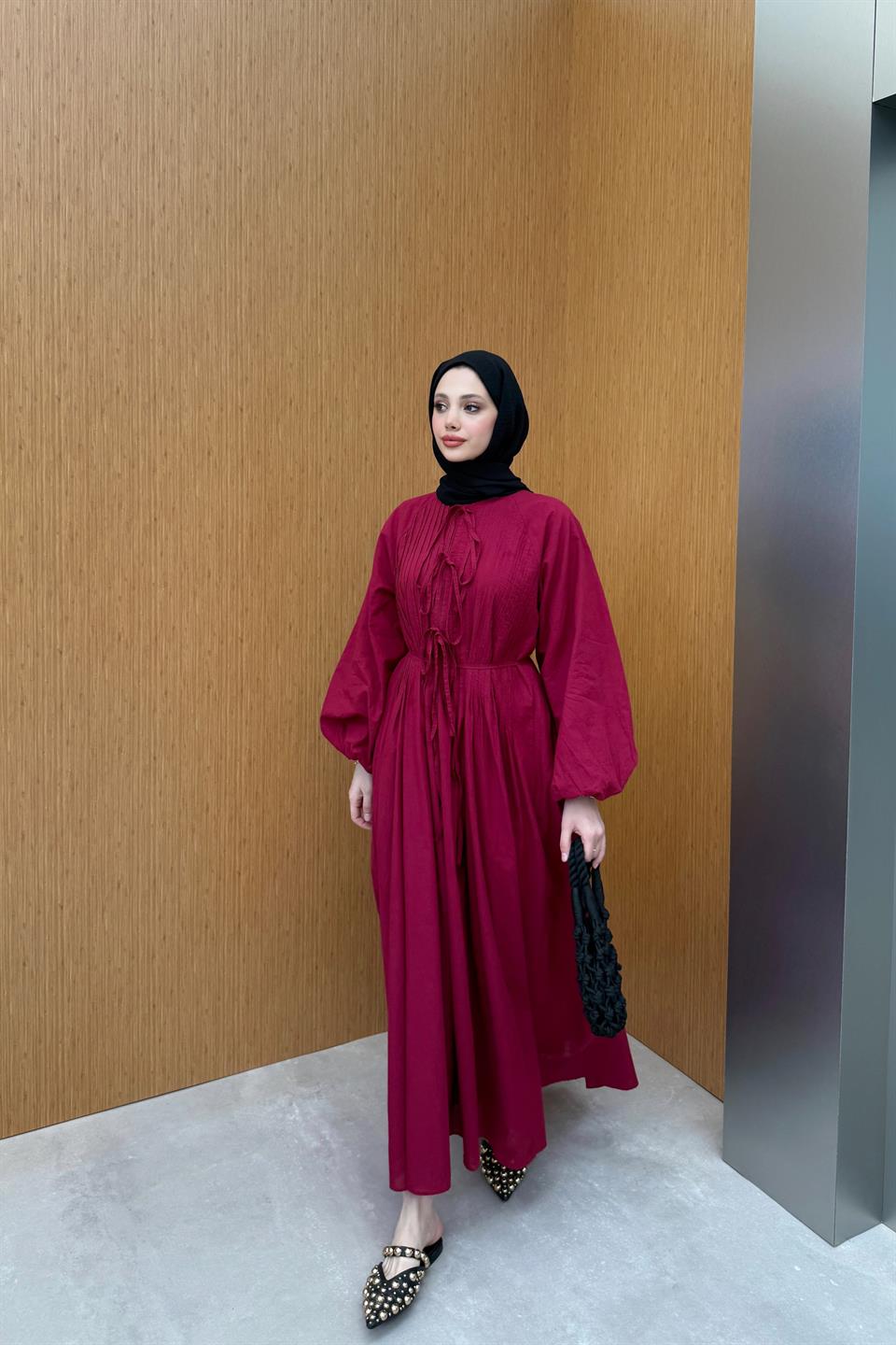 Nervür Bağlamalı Keten Elbise - Bordo
