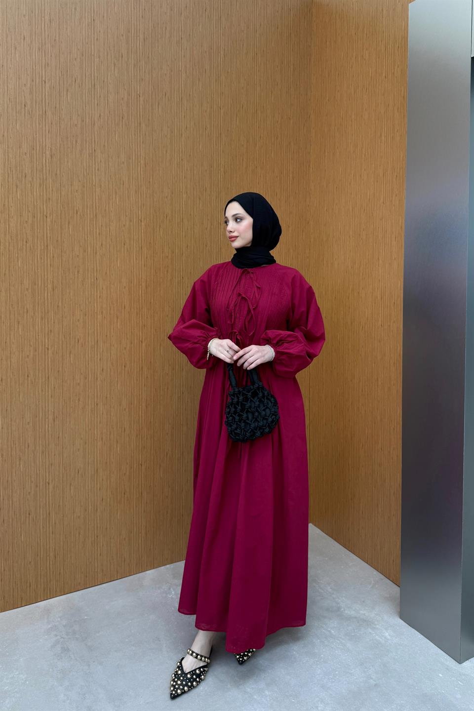 Nervür Bağlamalı Keten Elbise - Bordo