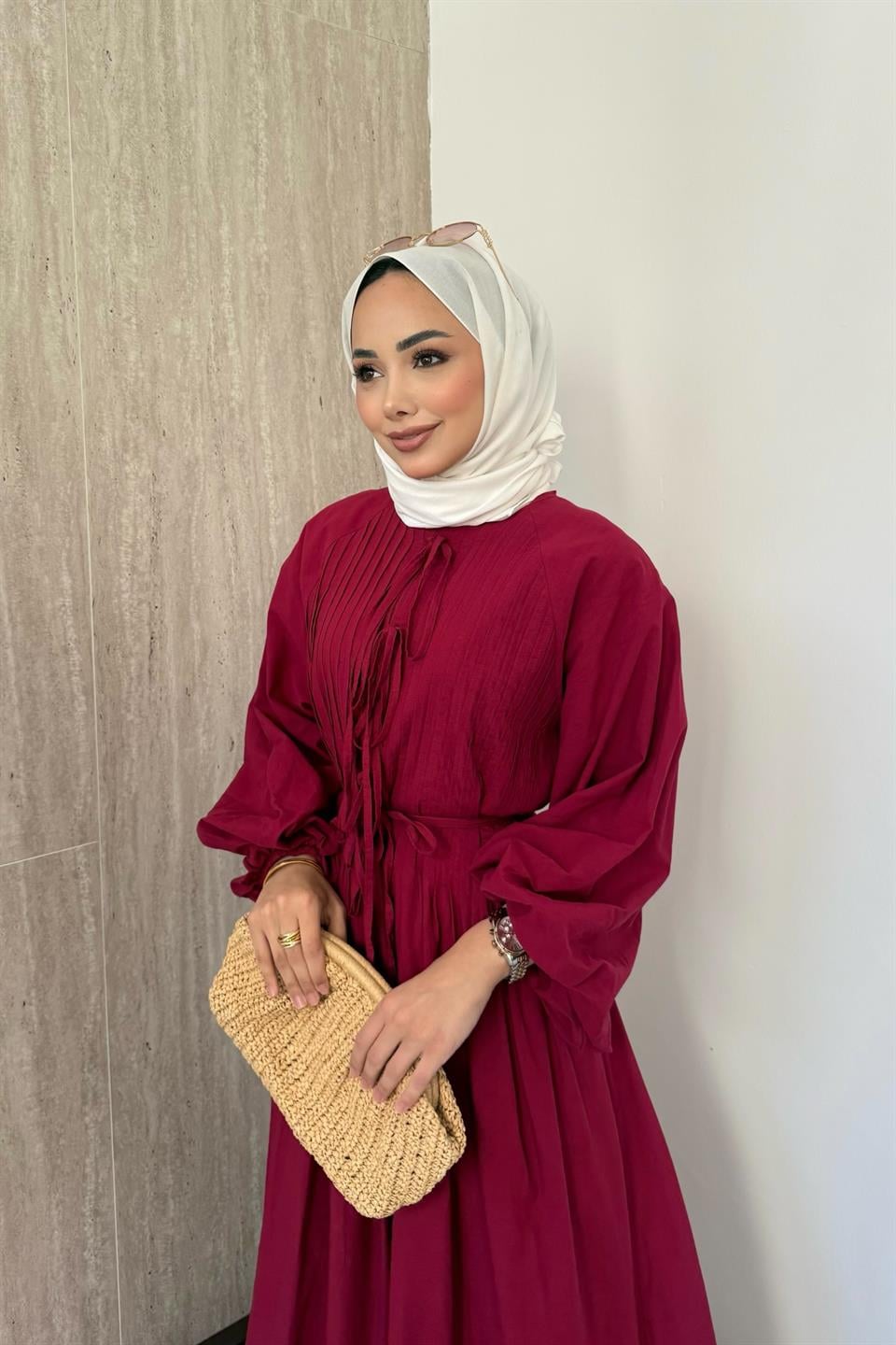 Nervür Bağlamalı Keten Elbise - Bordo