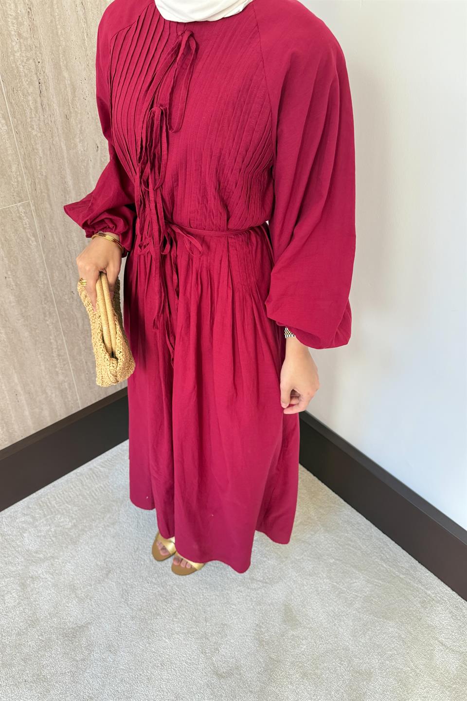 Nervür Bağlamalı Keten Elbise - Bordo