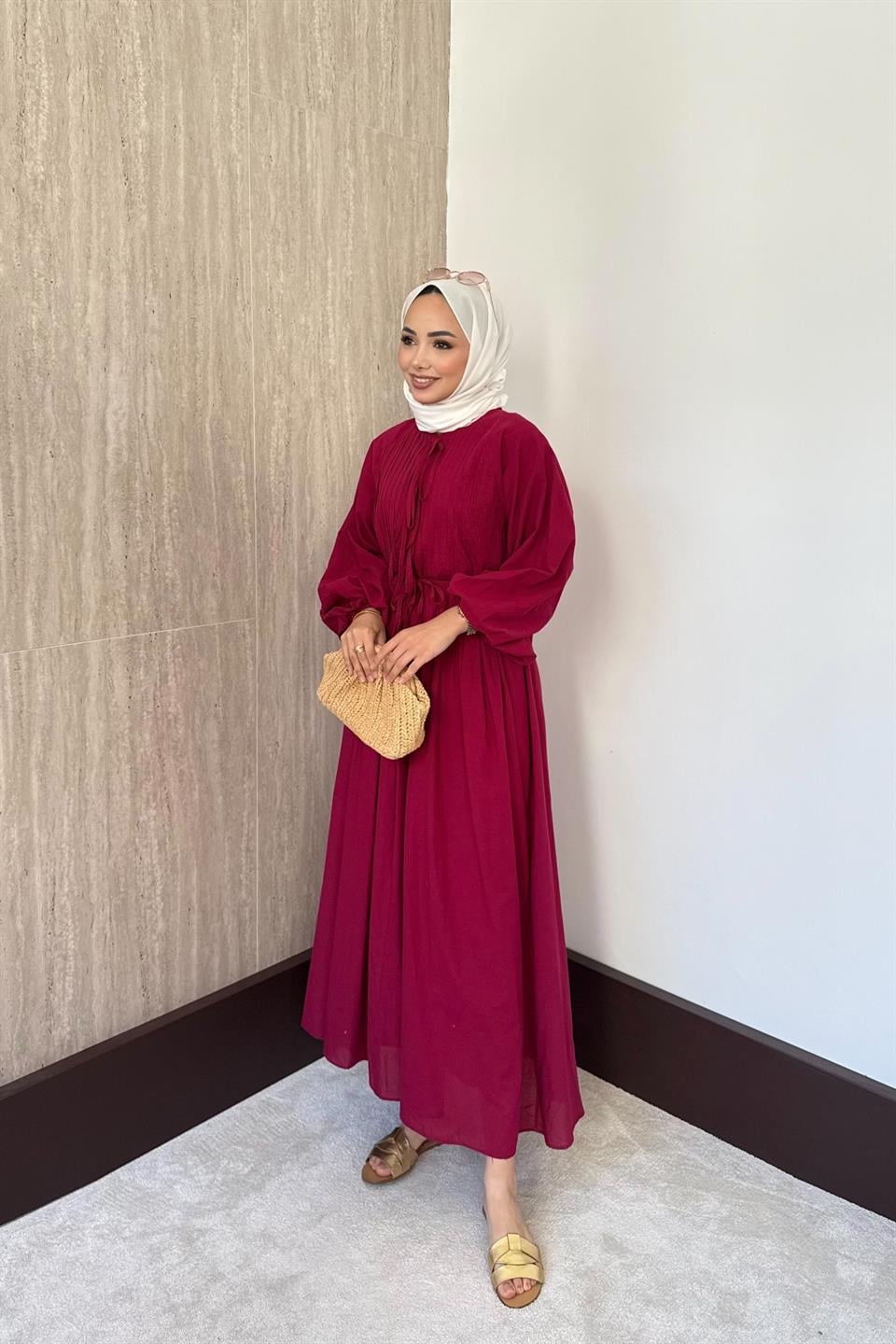 Nervür Bağlamalı Keten Elbise - Bordo