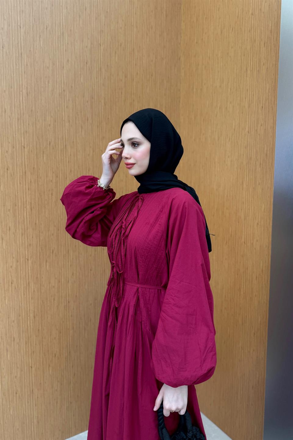 Nervür Bağlamalı Keten Elbise - Bordo