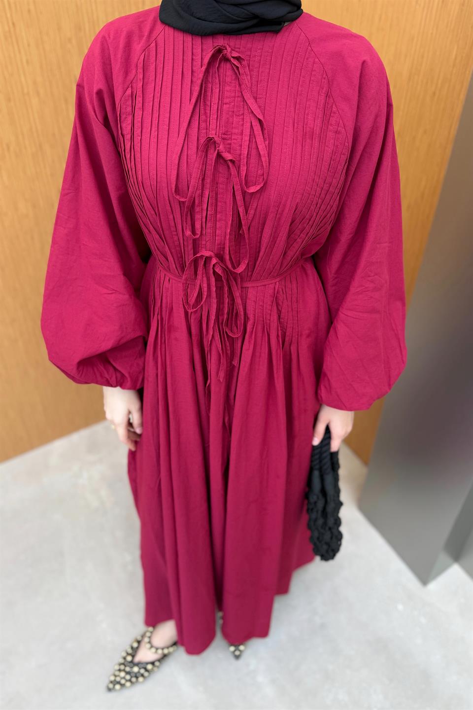 Nervür Bağlamalı Keten Elbise - Bordo