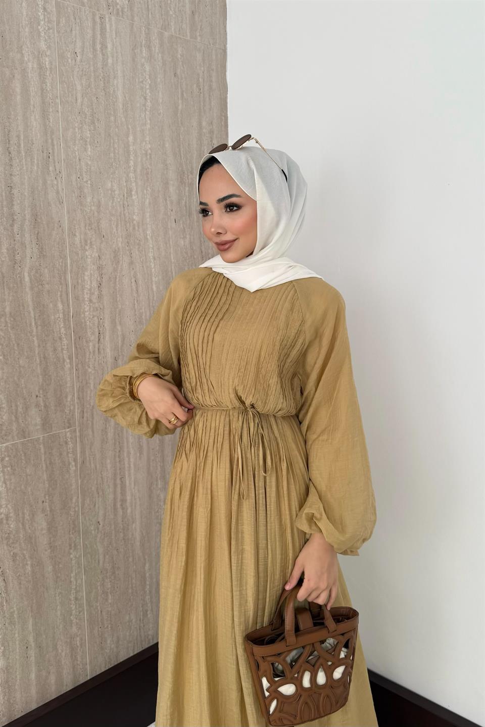 Nervürlü Vual Elbise - Haki