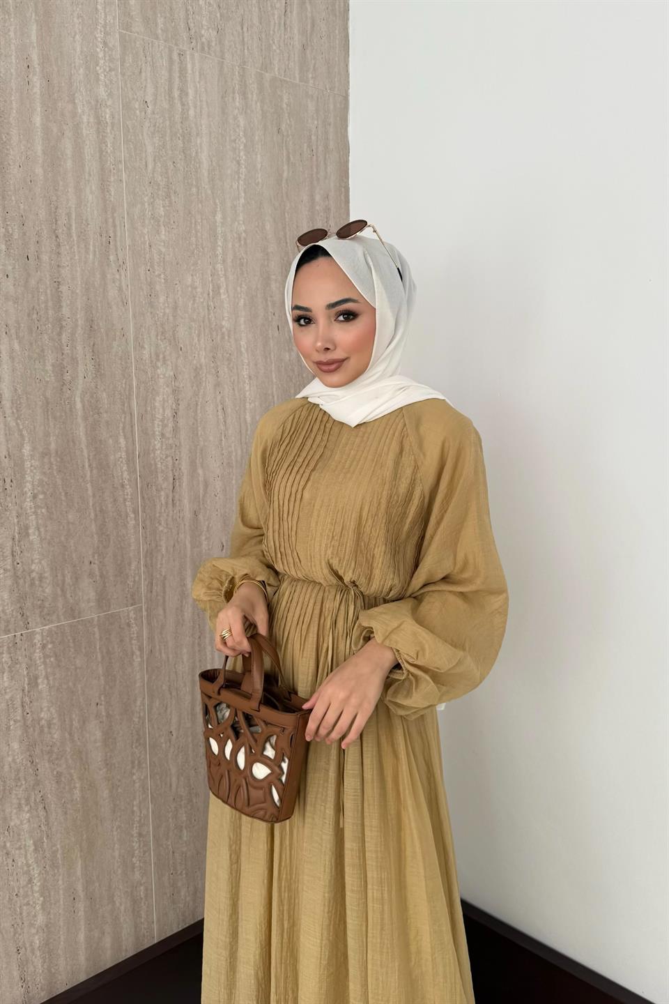 Nervürlü Vual Elbise - Haki