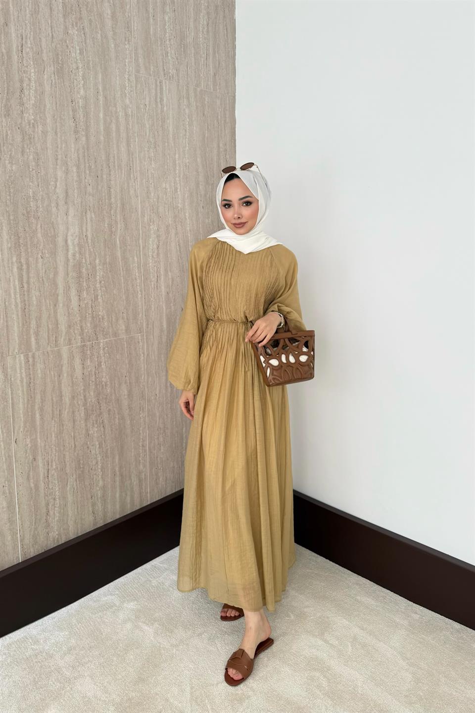 Nervürlü Vual Elbise - Haki