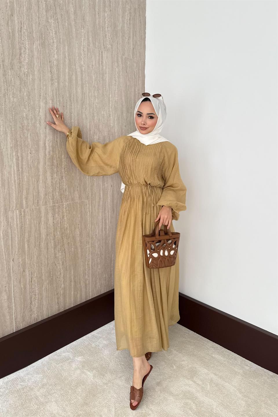 Nervürlü Vual Elbise - Haki