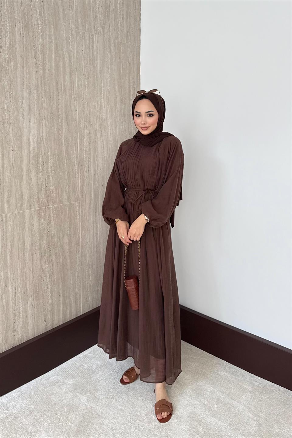 Nervürlü Vual Elbise - Kahve