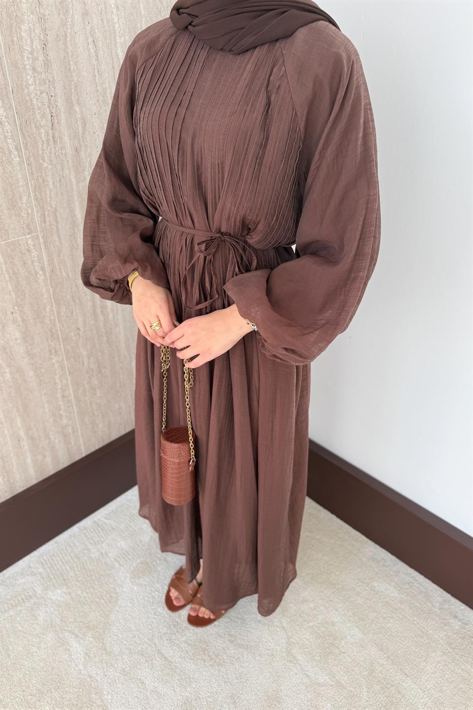 Nervürlü Vual Elbise - Kahve