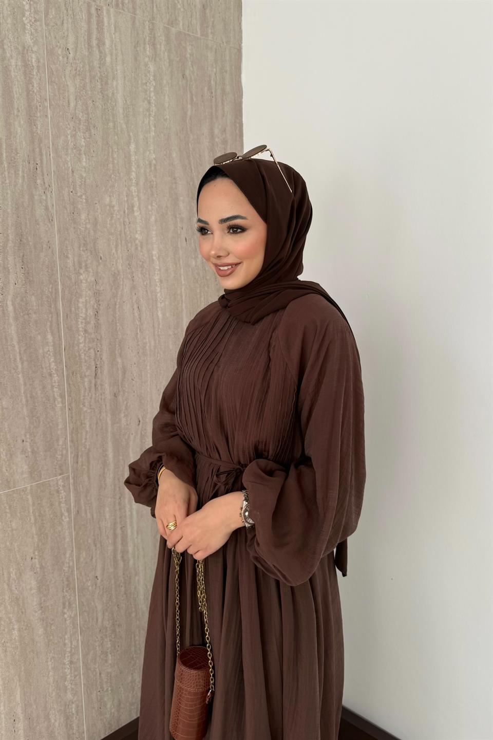 Nervürlü Vual Elbise - Kahve