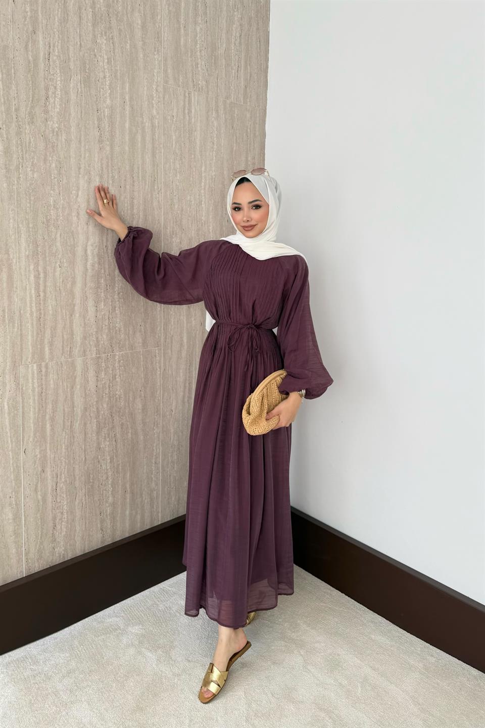 Nervürlü Vual Elbise - Mürdüm