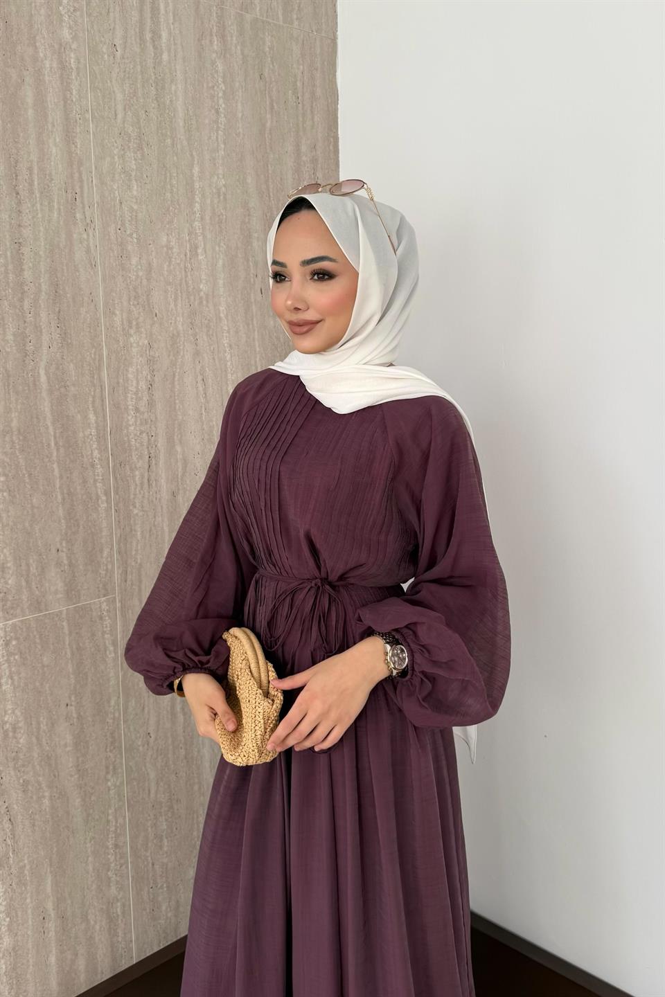 Nervürlü Vual Elbise - Mürdüm