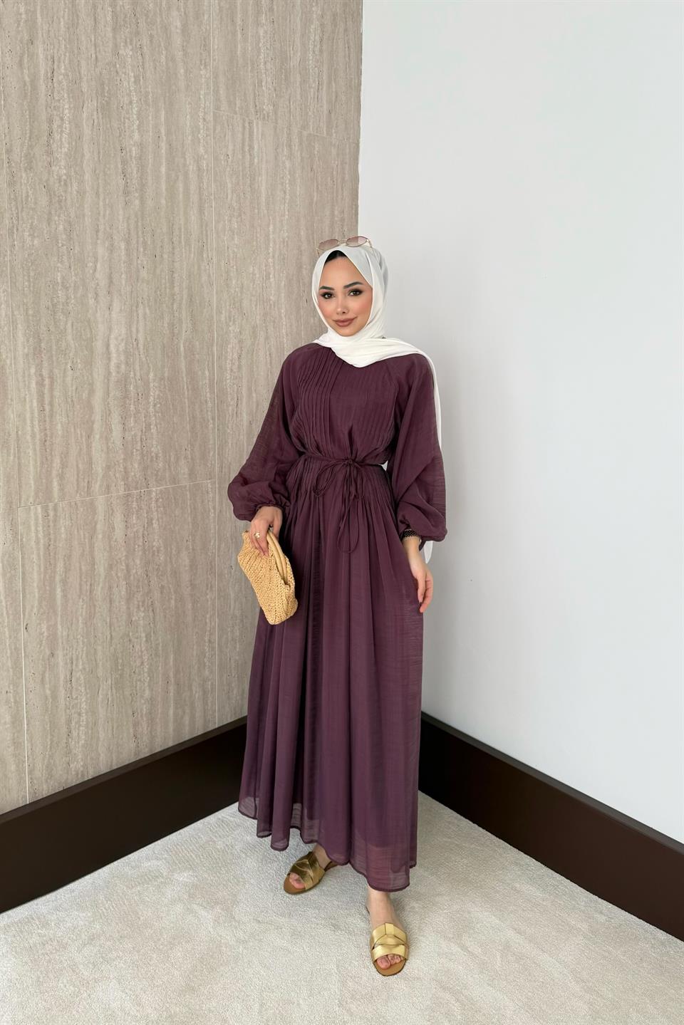 Nervürlü Vual Elbise - Mürdüm