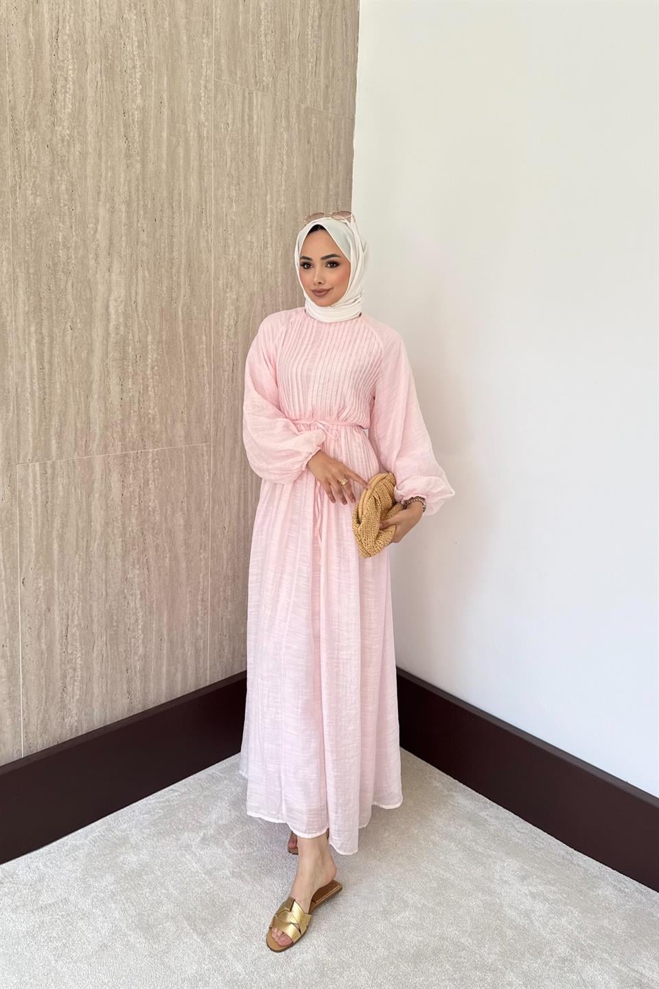 Nervürlü Vual Elbise - Pembe