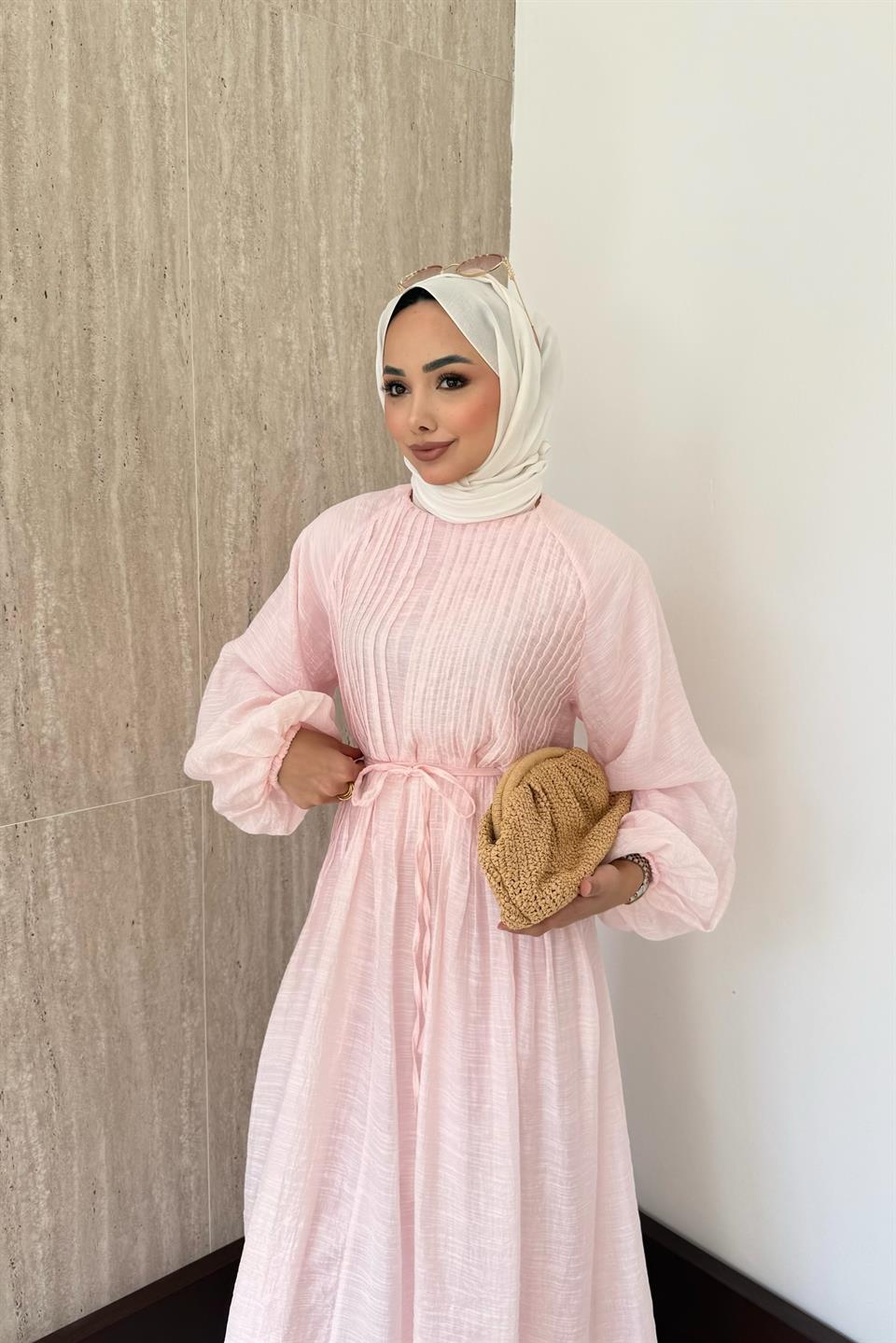 Nervürlü Vual Elbise - Pembe