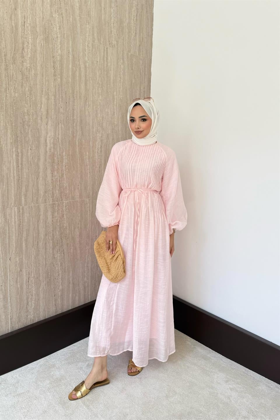 Nervürlü Vual Elbise - Pembe